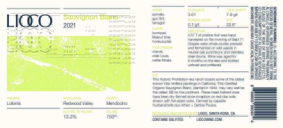 2021 Sauvignon Blanc – Lolonis Vineyard, Redwood Valley