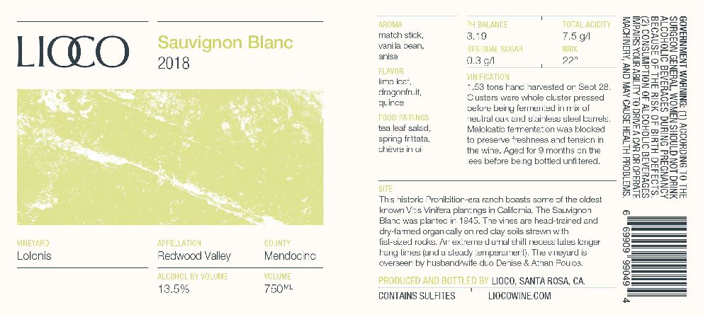 2018 Sauvignon Blanc – Lolonis Vineyard, Redwood Valley