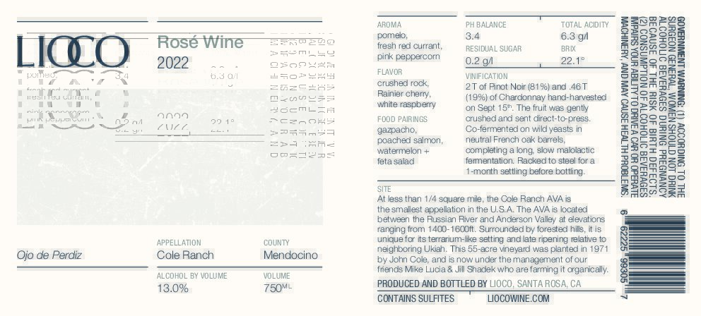 2022 Rosé – Ojo de Perdiz, Cole Ranch Vineyard, Mendocino County