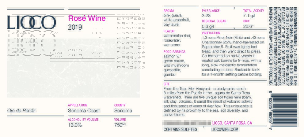 2019 Rosé – Ojo de Perdiz, Cole Ranch Vineyard, Mendocino County