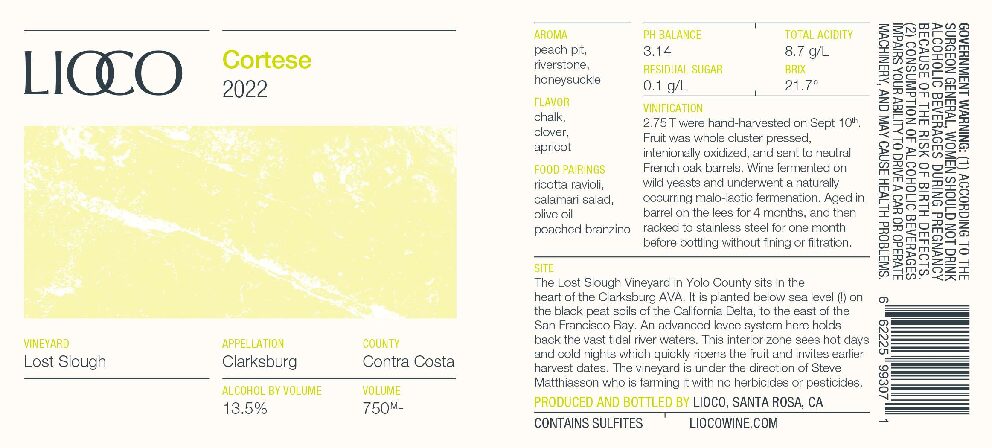 2022 Cortese – Lost Slough Vineyard, Clarksburg