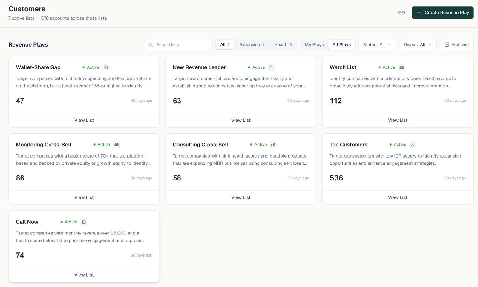 The Customers page, with Revenue Plays split into Expansion and Health categories.