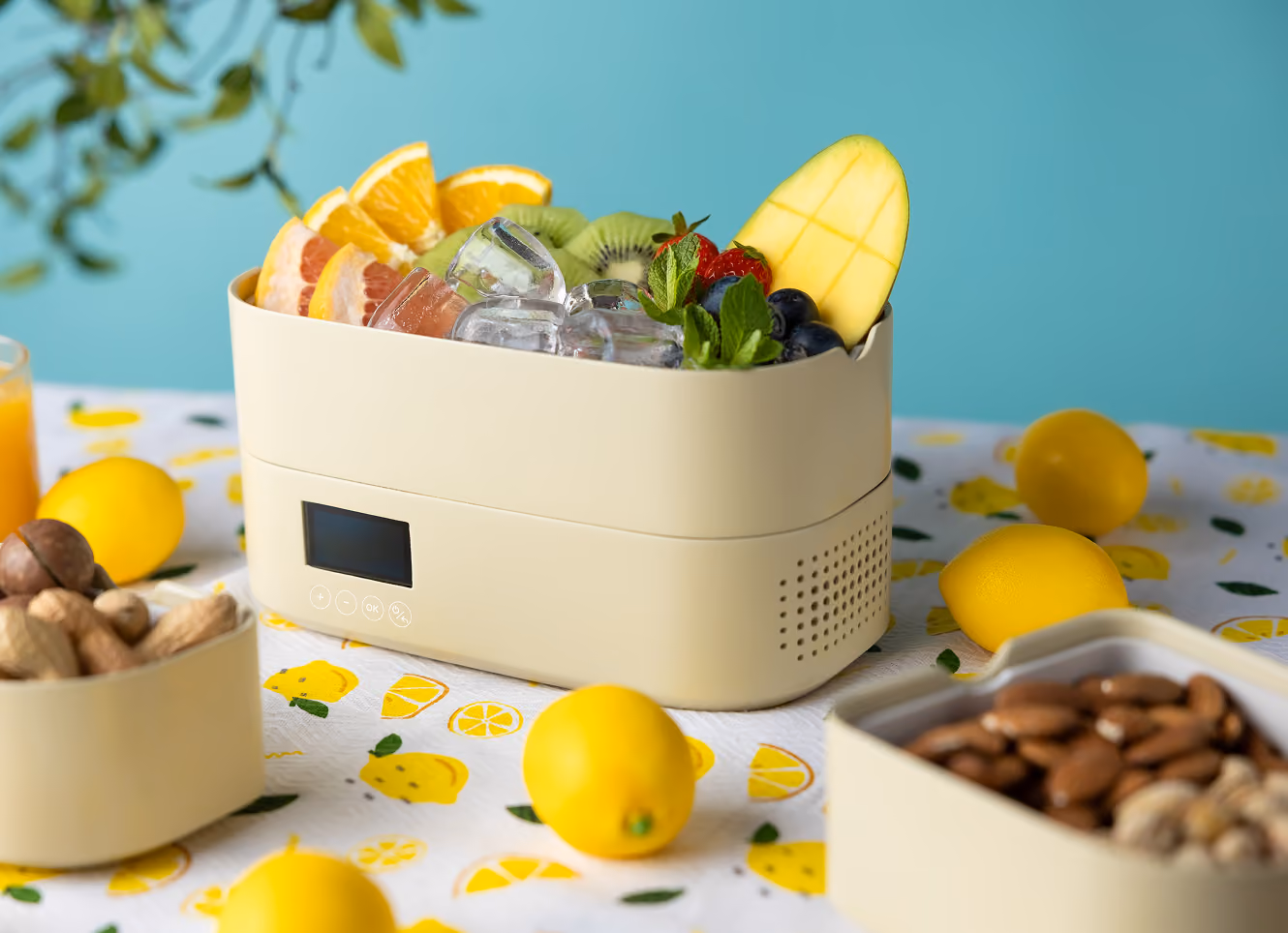 Portable cooler filled with ice, mango, strawberries, kiwi, orange, grapefruit, blueberries, and mint leaves.