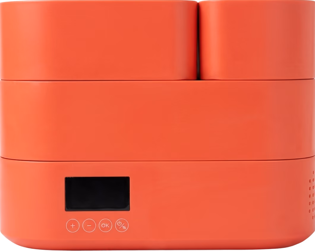 Red bento-style electric lunchbox with digital display and control buttons on front.