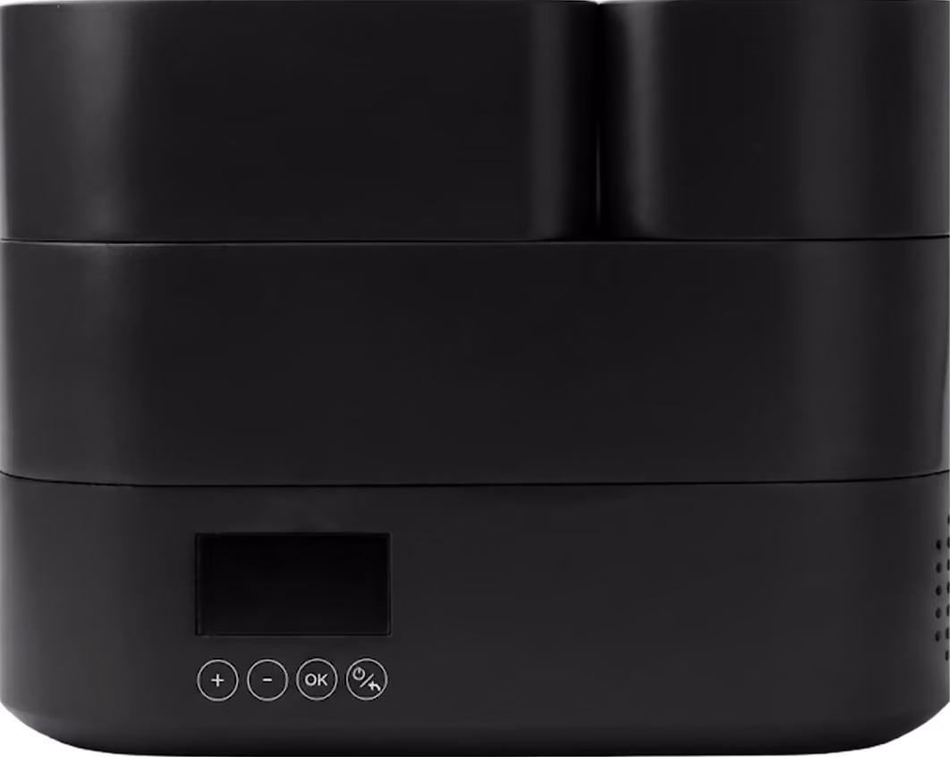 Black modern electric lunch box with digital display and control buttons on front.