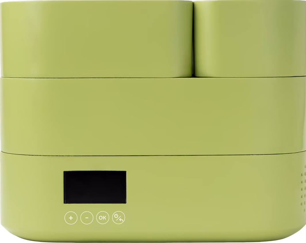 Modern green digital kitchen scale with LCD screen and four control buttons.