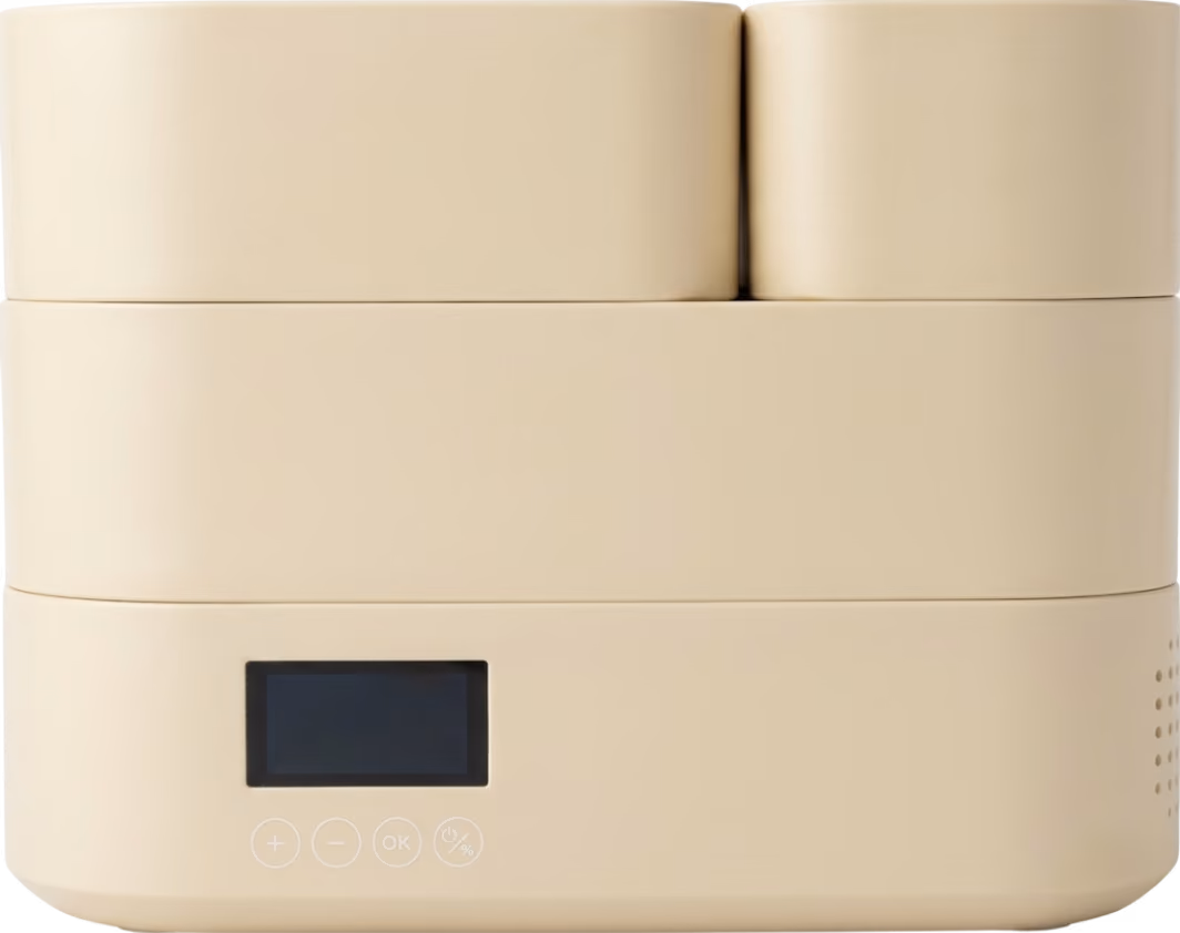 Beige electric food dehydrator with digital display and control buttons on front.