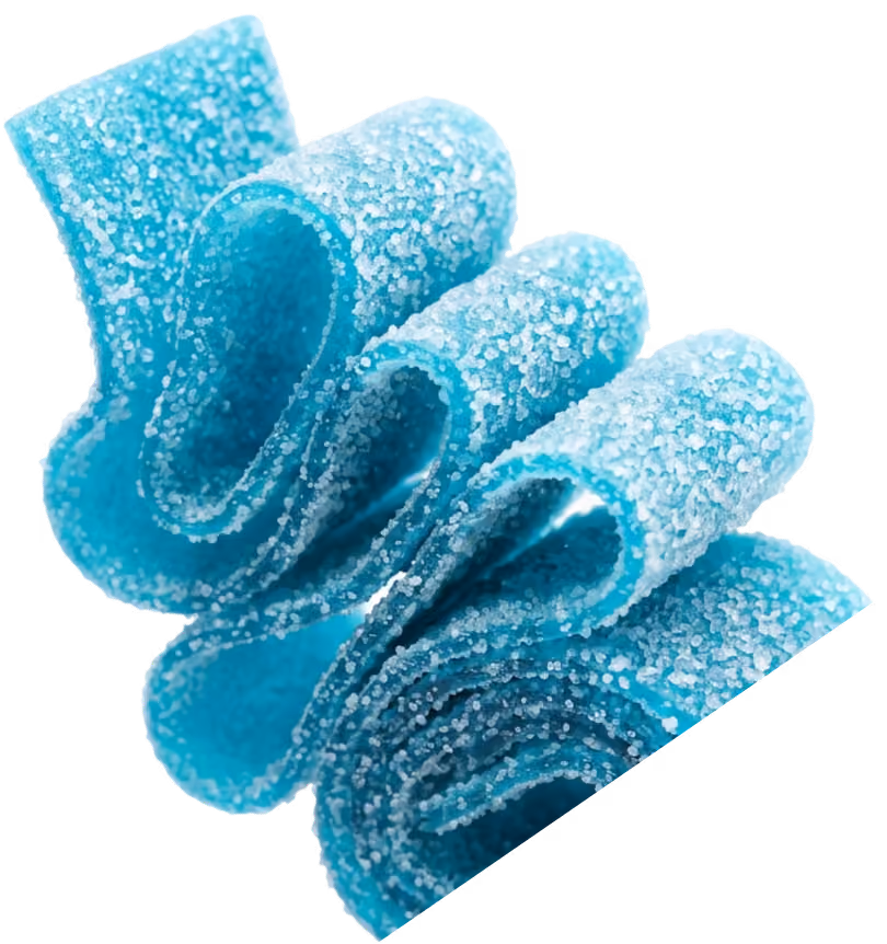 Close-up of blue sour candy strips coated in sugar crystals folded on a black background.