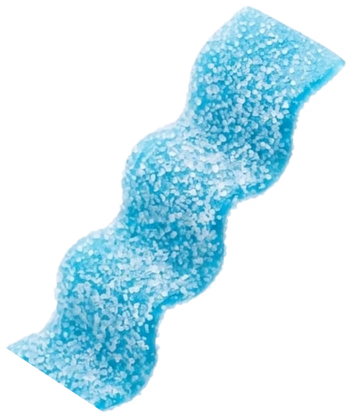 Blue gummy candy with a wavy shape covered in sugar crystals.