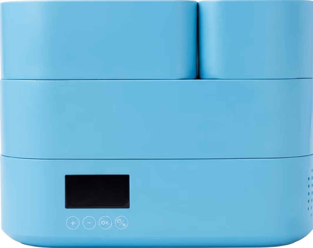 Light blue electronic kitchen appliance with digital display and control buttons on front.