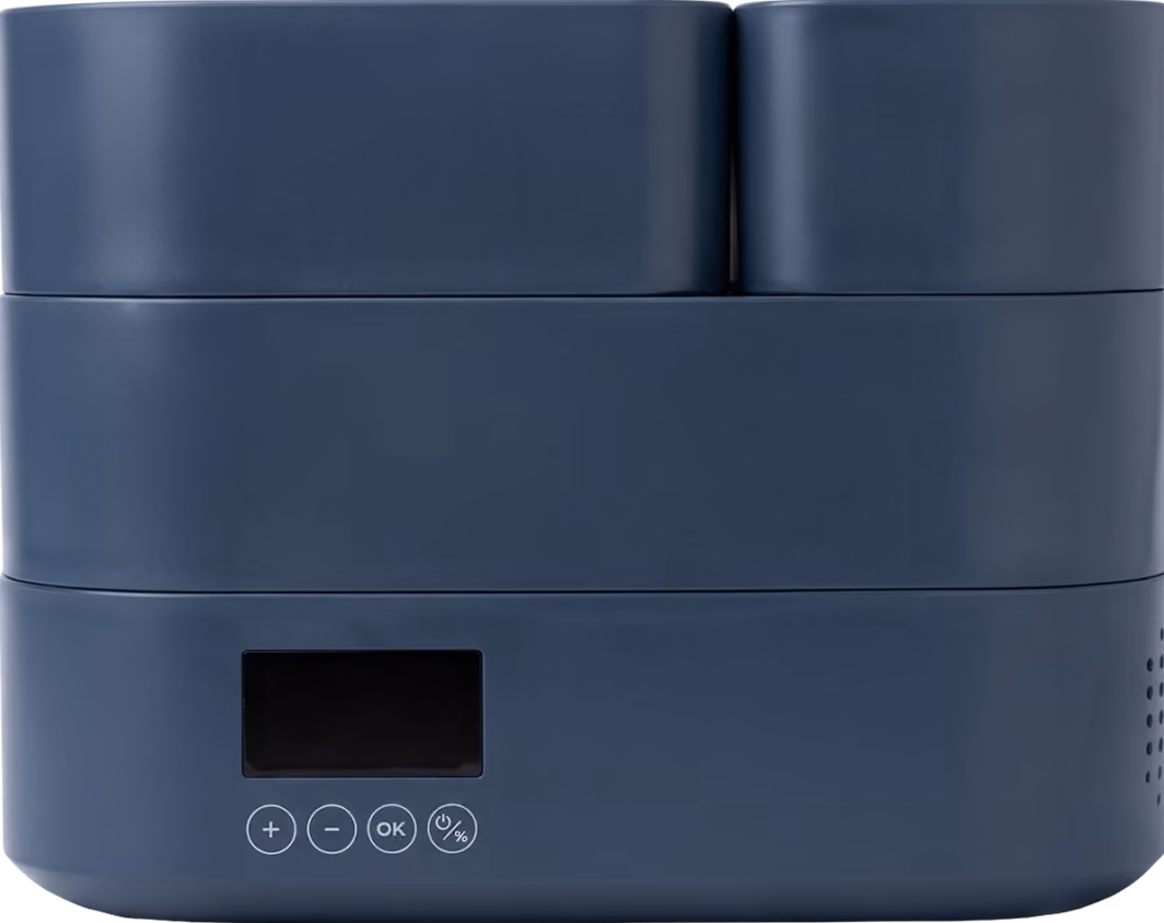 Compact dark blue electronic device with buttons, a display screen, and dual upper compartments.
