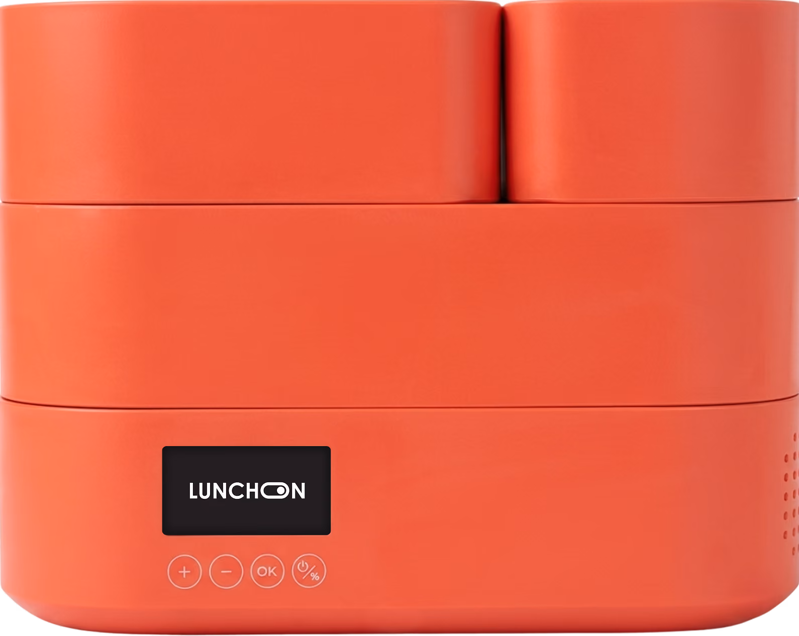 Red bento-style electric lunchbox with digital display and control buttons on front.