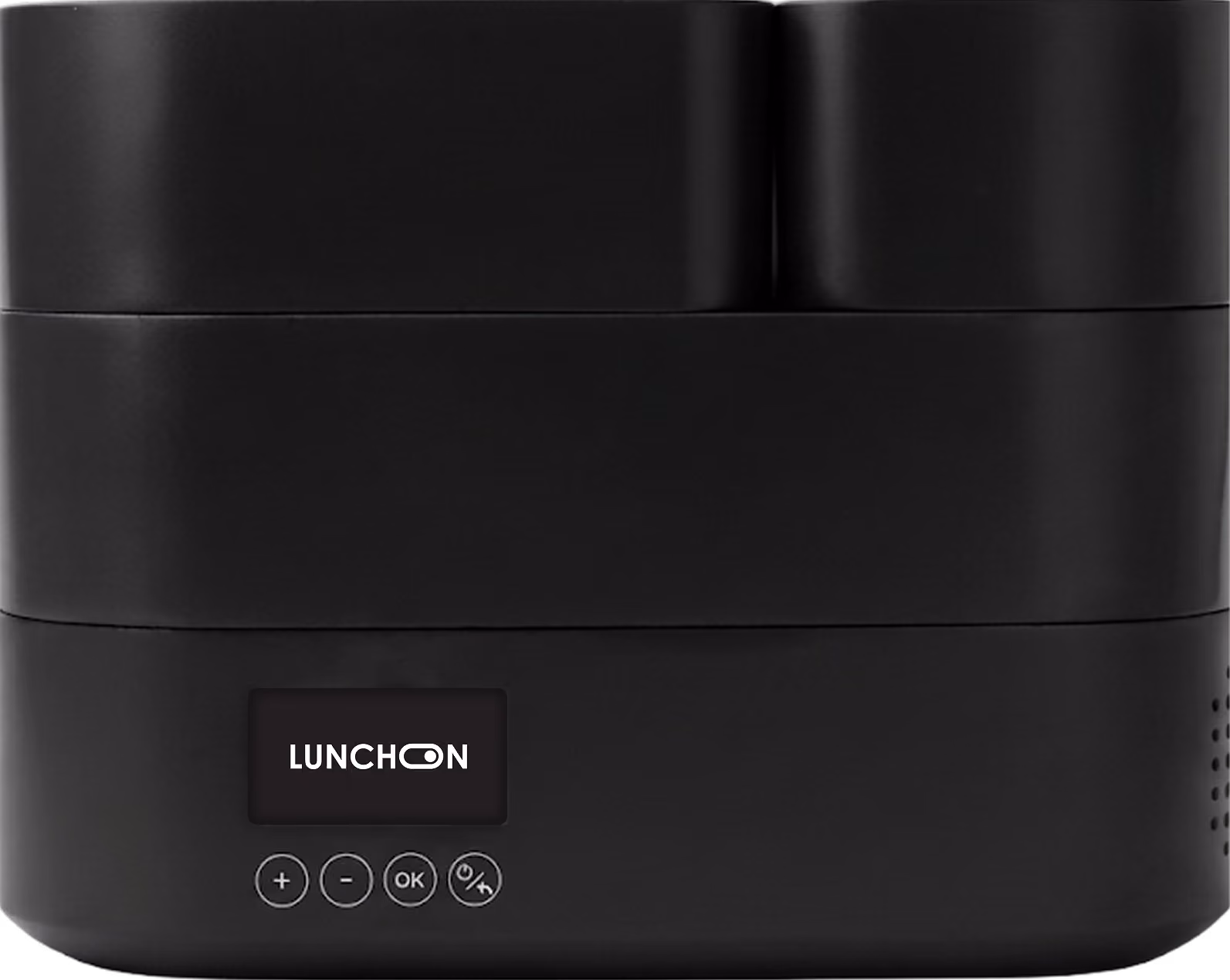 Black modern electric lunch box with digital display and control buttons on front.