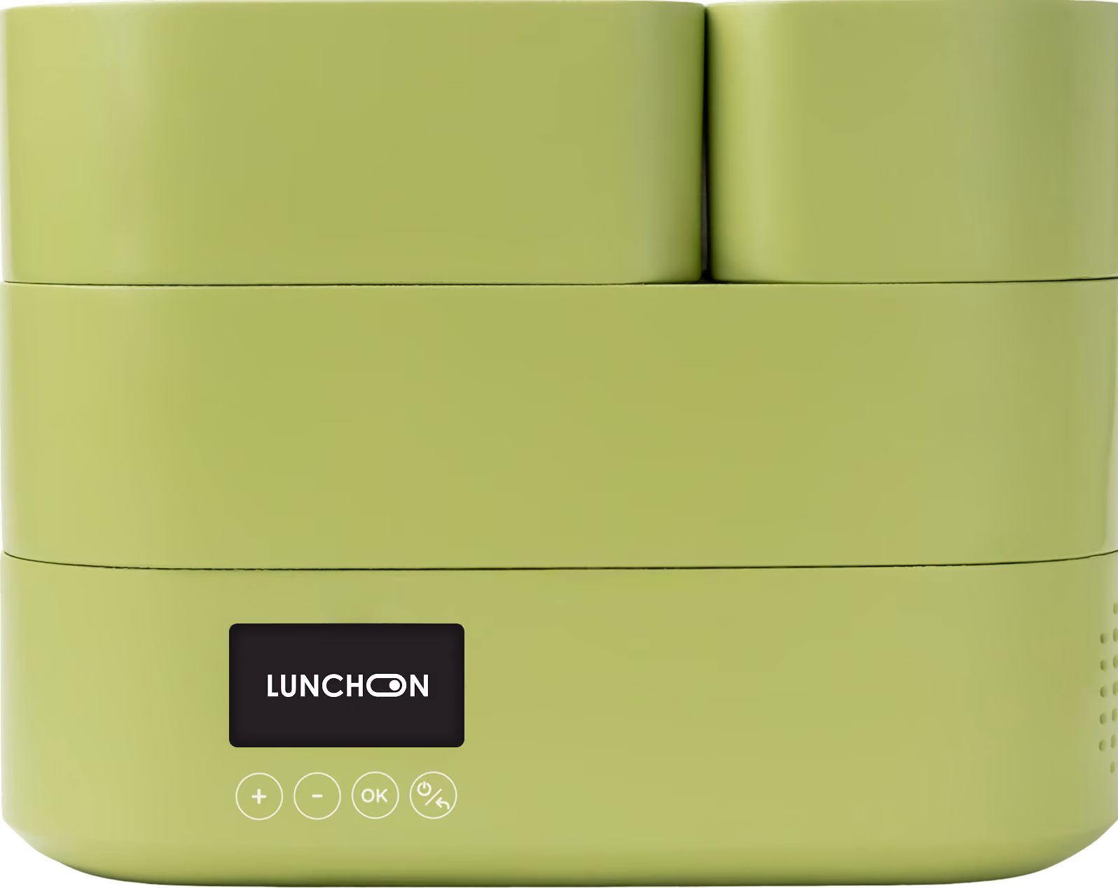 Modern green digital kitchen scale with LCD screen and four control buttons.
