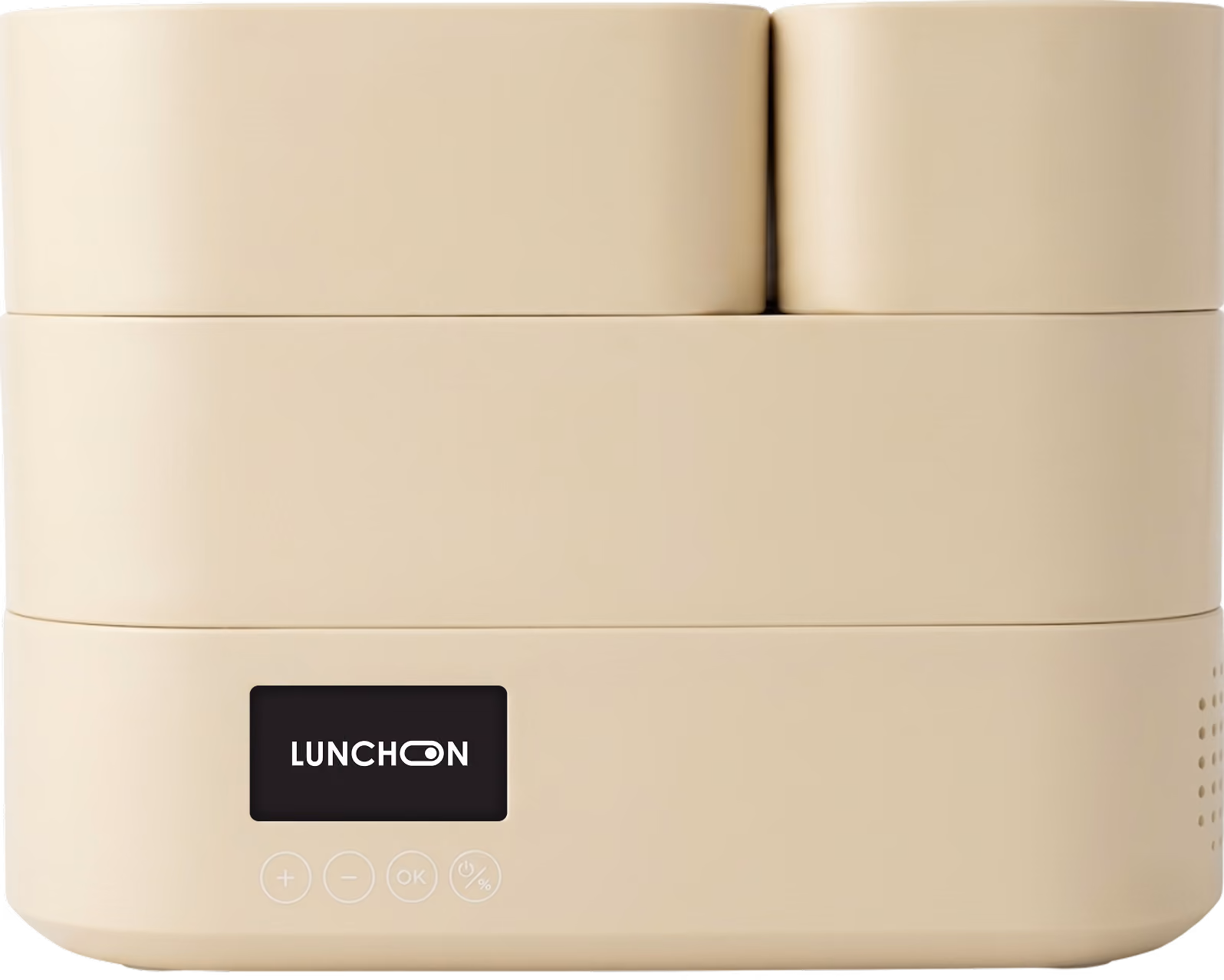 Beige electric food dehydrator with digital display and control buttons on front.
