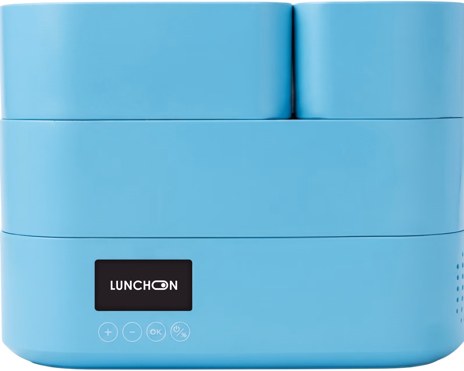 Light blue electronic kitchen appliance with digital display and control buttons on front.