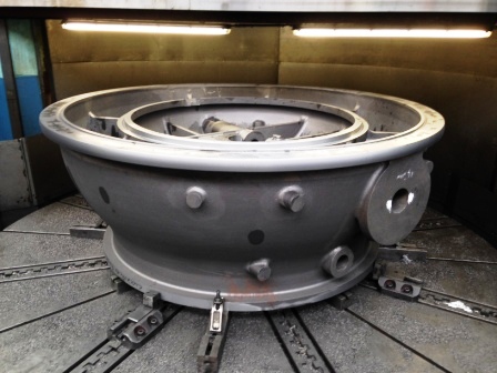Valve casting being machined