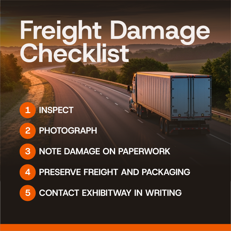 Trade show freight damage checklist showing steps to inspect damaged cargo, take photos, document damage on shipping paperwork, preserve packaging, and contact Exhibitway Logistics.