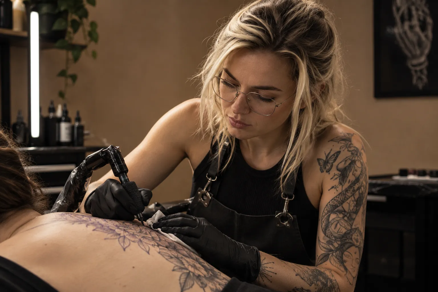 Tattoo Artist Lara beim Tätowieren eines feinen Blumenmotivs am Rücken, INK SOCIETY Kiel