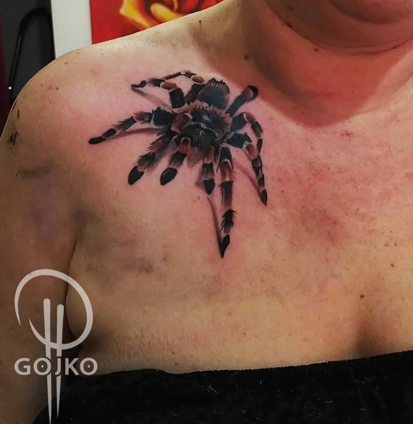 Realistisches 3D Spinnen Tattoo am Schlüsselbein – farbige Vogelspinne mit Schattenwurf, von Gojko, INK SOCIETY