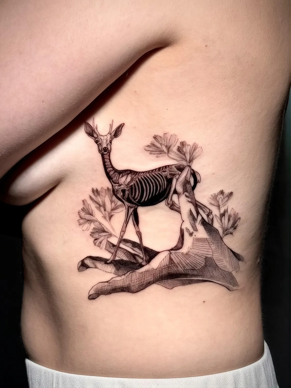 Reh Tattoo an den Rippen – Rehbock mit sichtbarem Skelett auf Felsen zwischen Pflanzen, Black and Grey in anatomischer Darstellung, von Lara, INK SOCIETY