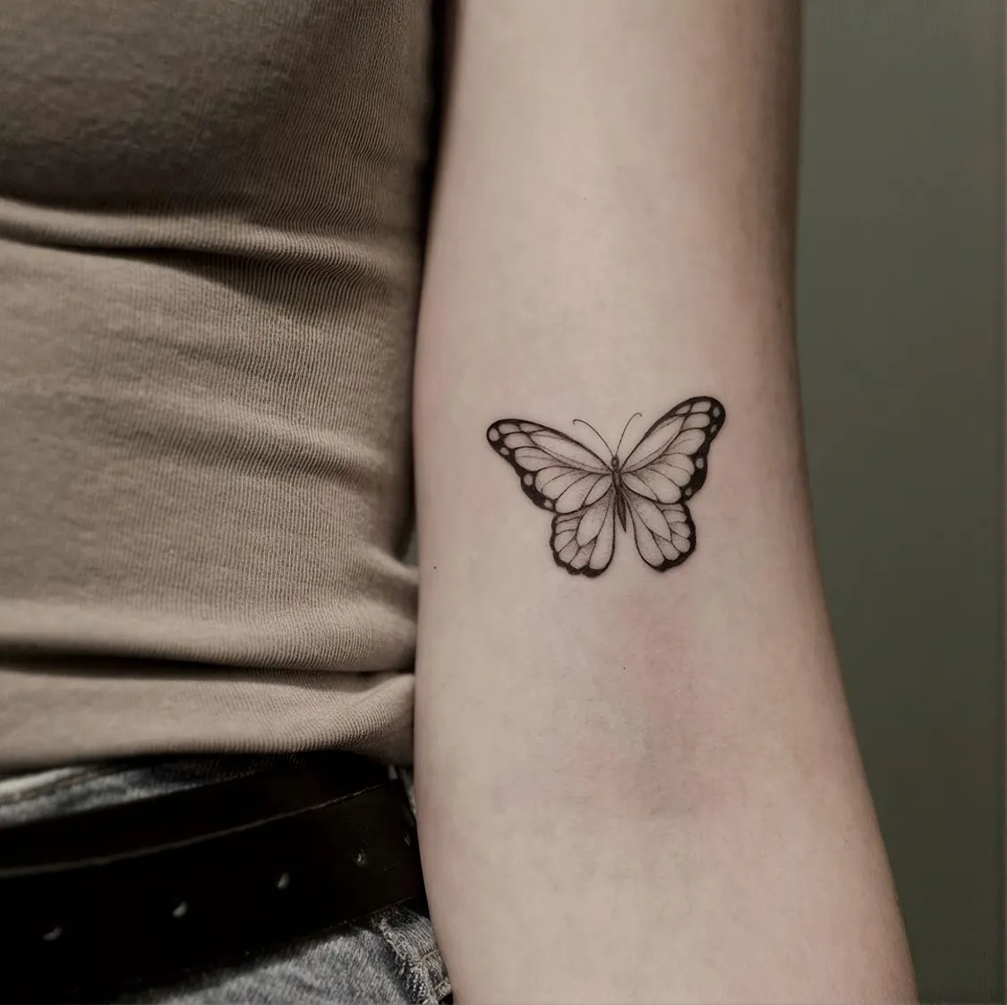Kleines Schmetterling Tattoo am Arm – filigraner Schmetterling in Fine Line mit feiner Black and Grey Schattierung, von Lara, INK SOCIETY
