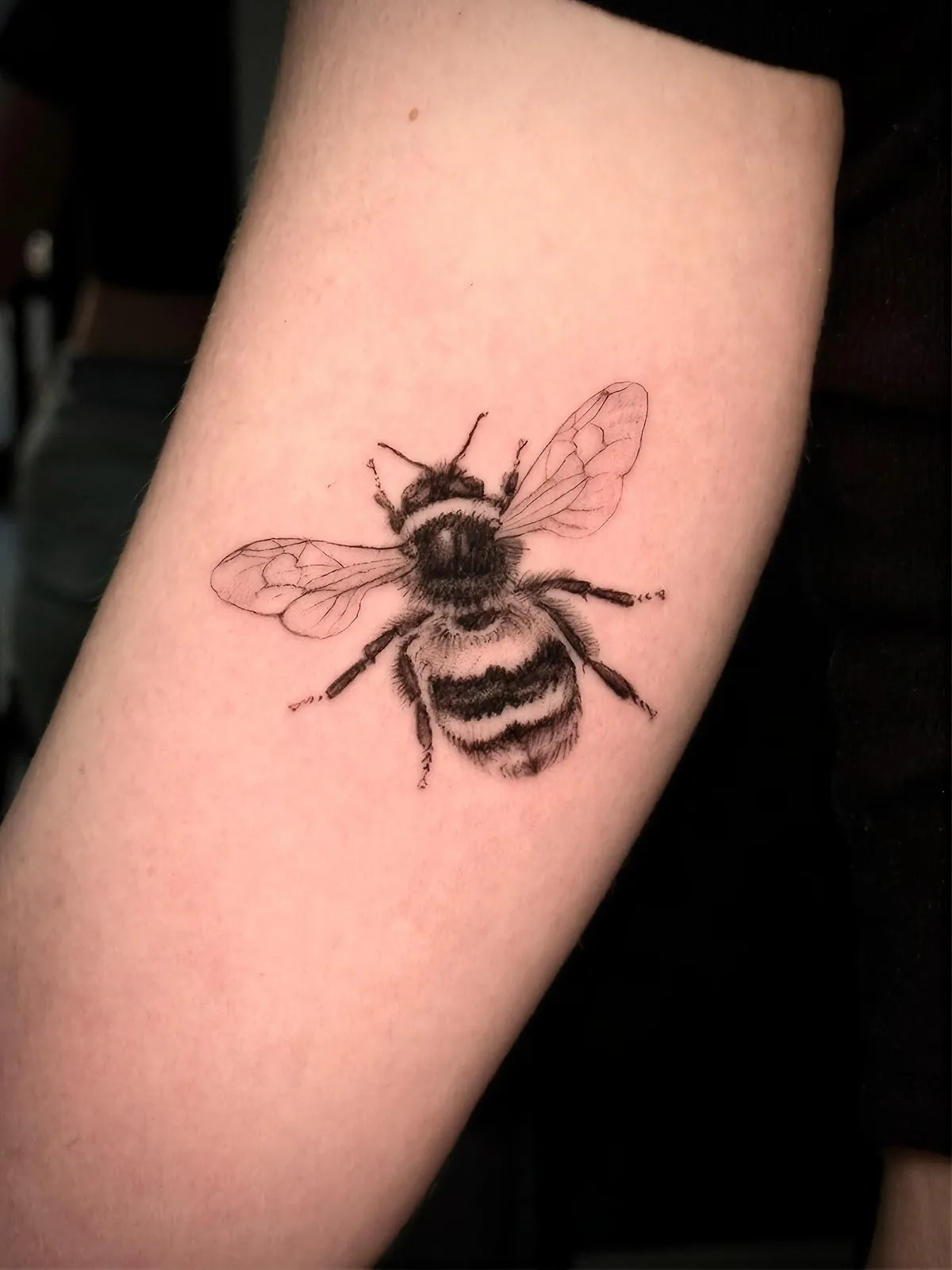 Realistisches Black and Grey Bienen Tattoo am Unterarm – Hummel mit feinen Flügeln in Fine Line, von Lara, INK SOCIETY
