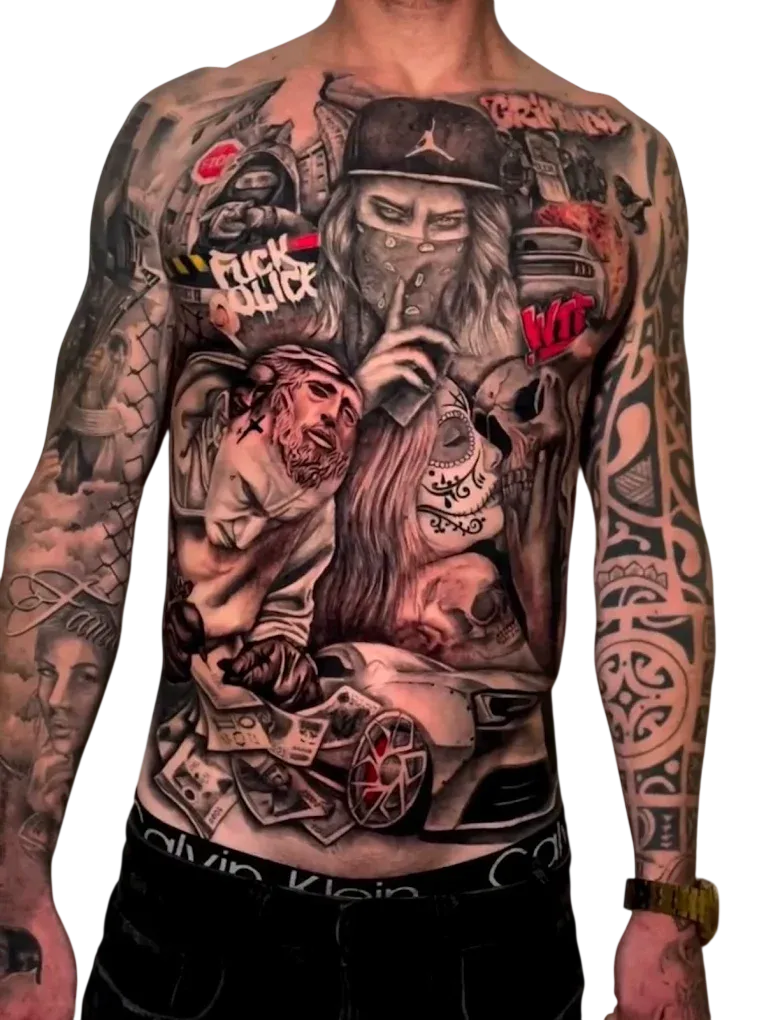 Schwarz-Graues Realistic Sleeve Tattoo mit Auge und Uhr, INK SOCIETY Kiel