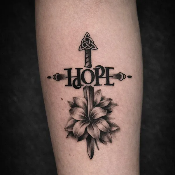 Blackwork Tattoo mit Schwert, Lettering 'Hope' und Blüte am Unterarm, INK SOCIETY Kiel