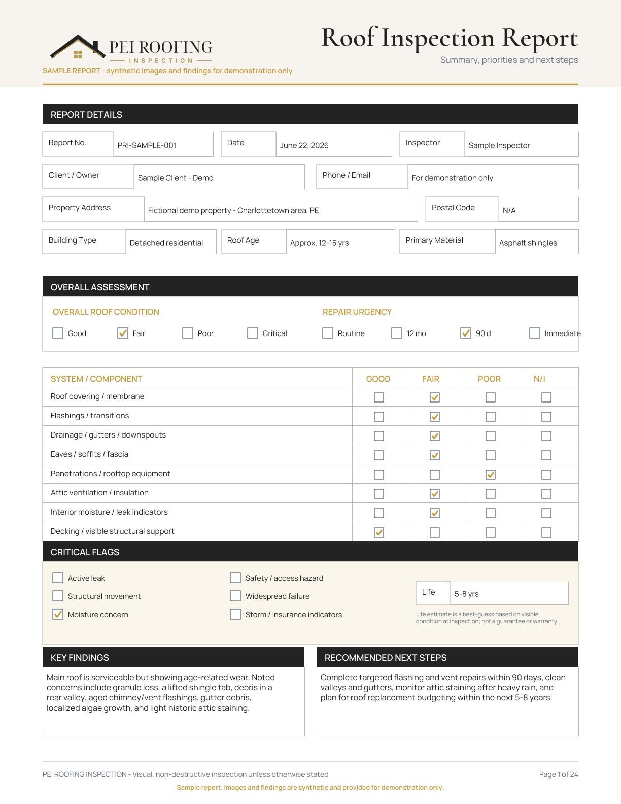 Preview of the first page of the synthetic roof inspection sample report