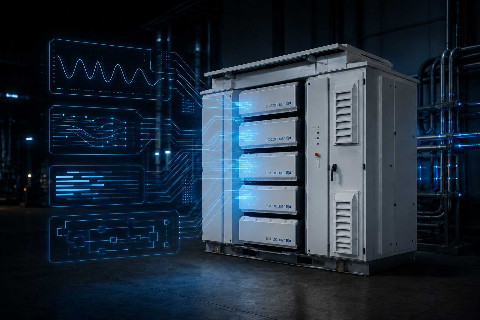 EPC Power M-System with circuit and data overlay graphics.