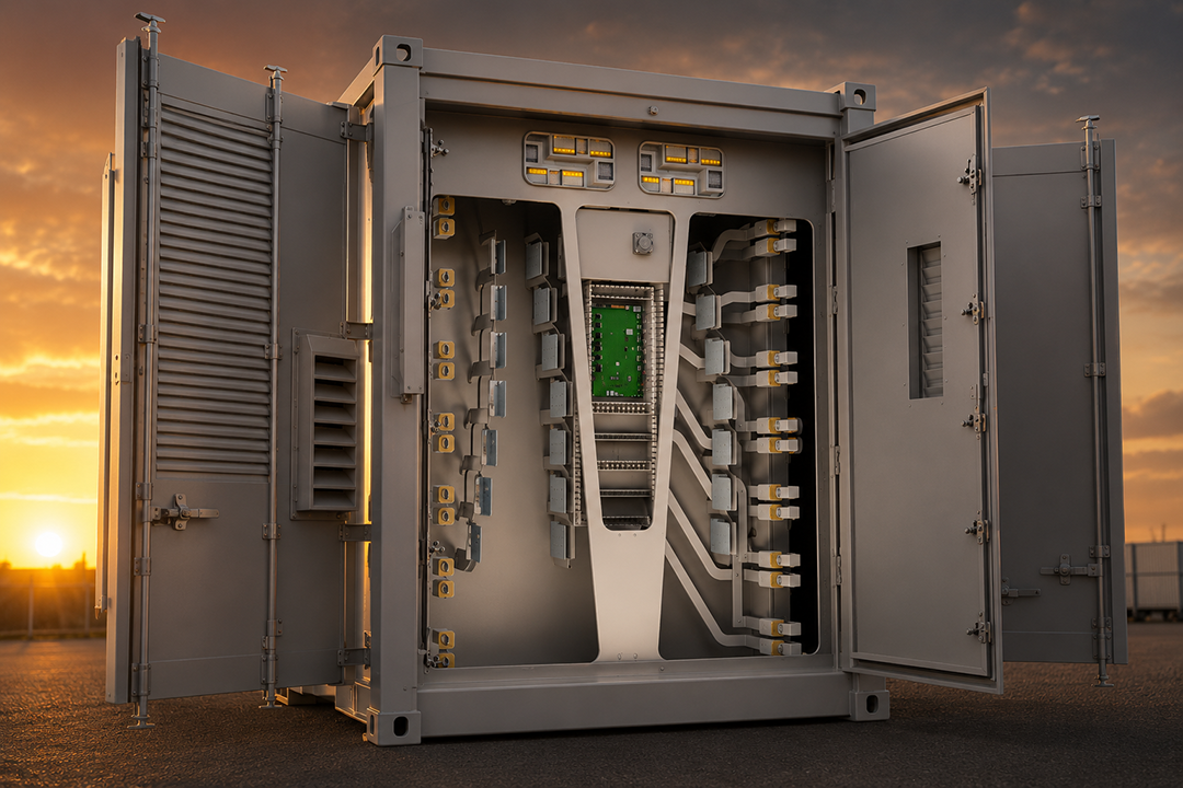 EPC Power M-Rack cabinet open, showing internal circuitry.