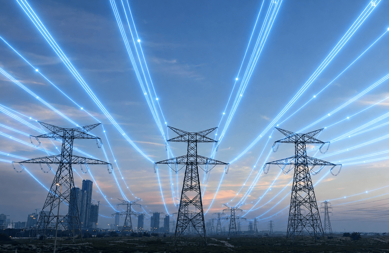 Power transmission towers with glowing grid lines.