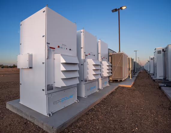A row of EPC Power CAB1000 units outdoors.