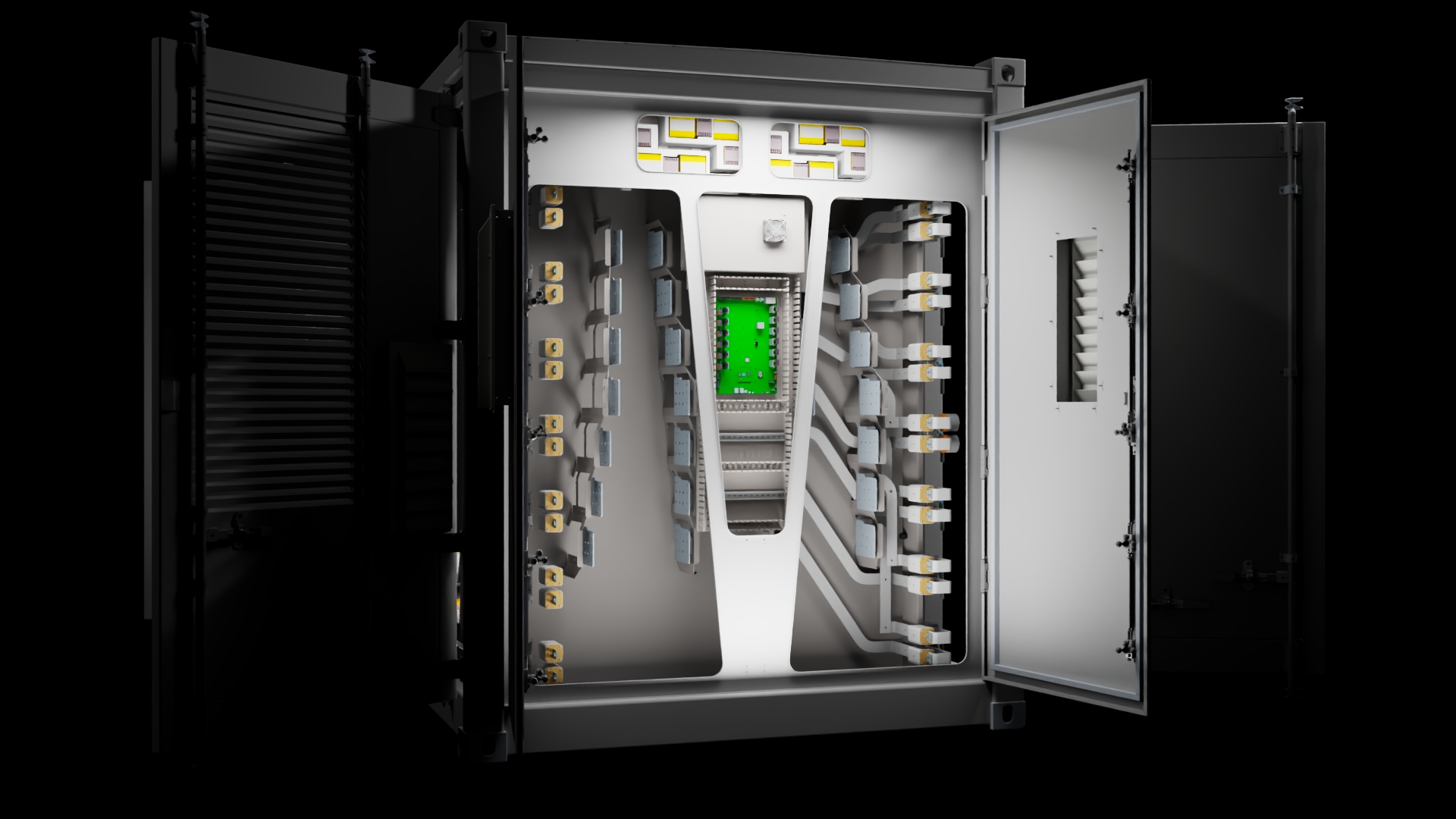 Open electrical panel with organized circuit breakers and a green circuit board inside a metal enclosure.