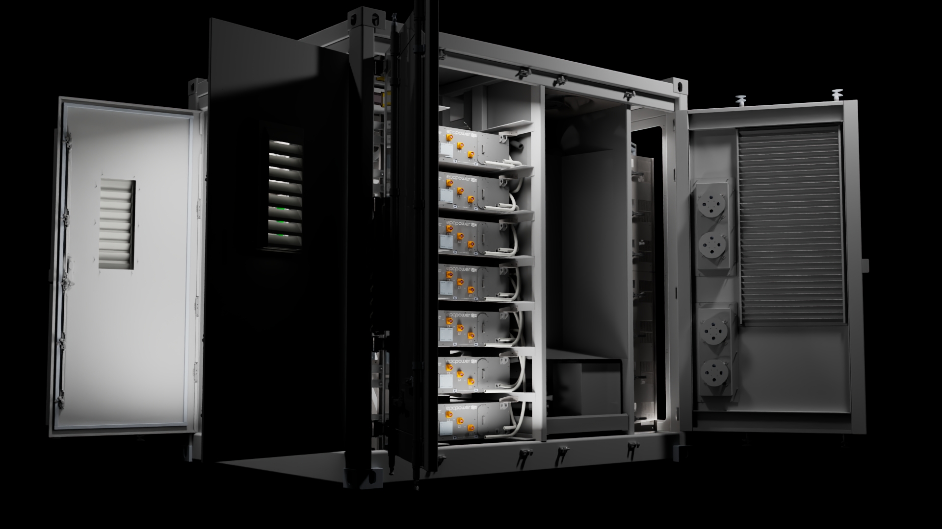 Open industrial electrical cabinet with multiple grey power supply units and wiring inside.