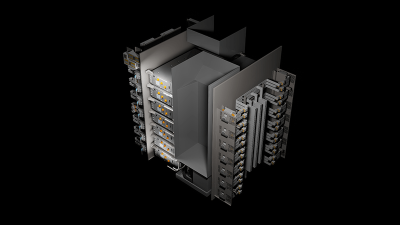 3D digital rendering of a complex gray server or computer component with orange lights on black background.