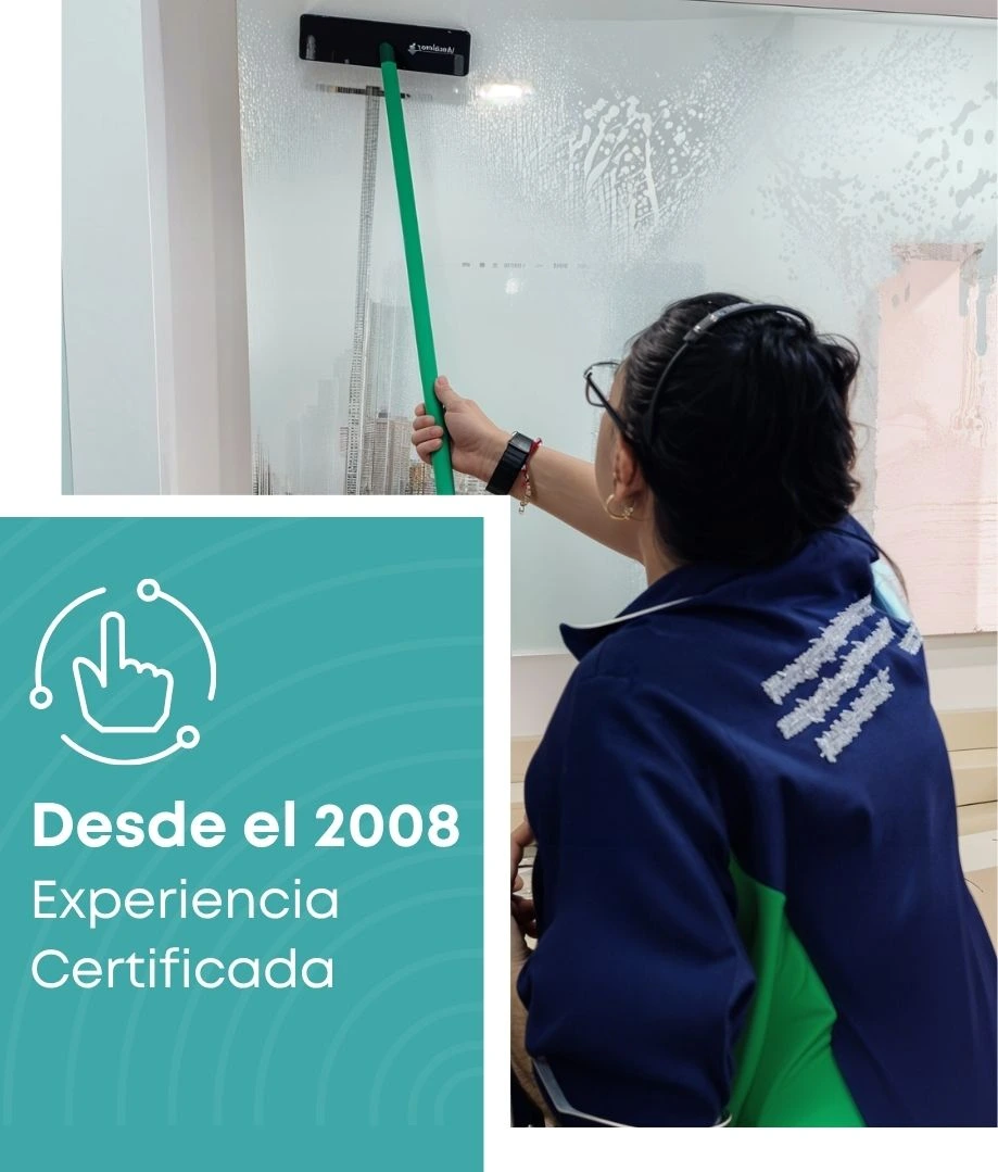 Auxiliar de limpieza lavando espejos en baños