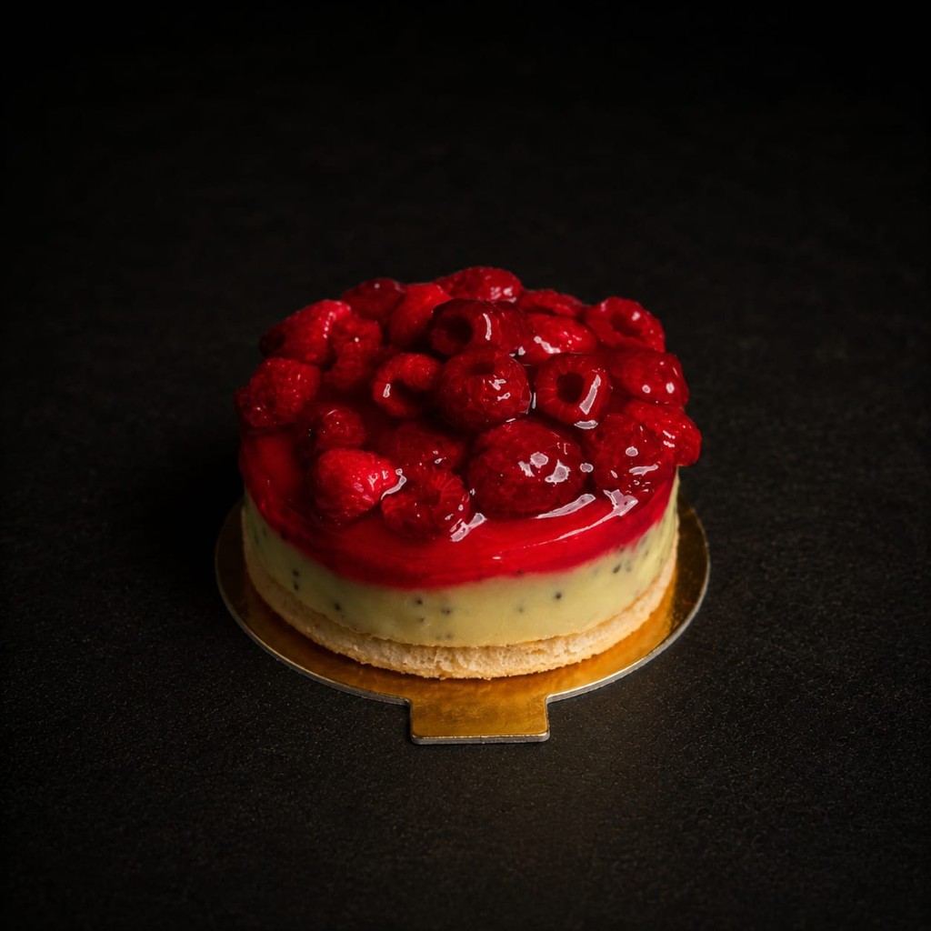 Himbeertarte mit glasierten Himbeeren und Vanillecreme.