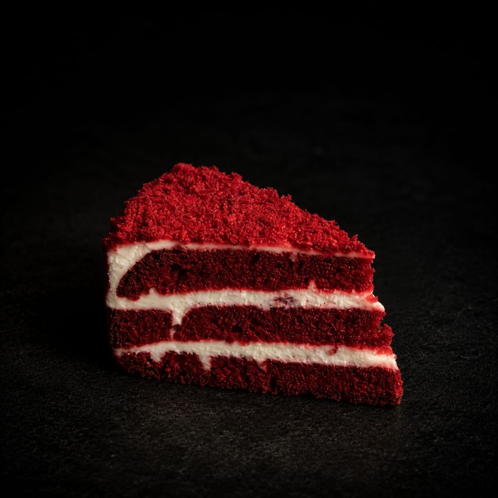 Stück Red-Velvet-Torte mit Frischkäsecreme und roten Krümeln.