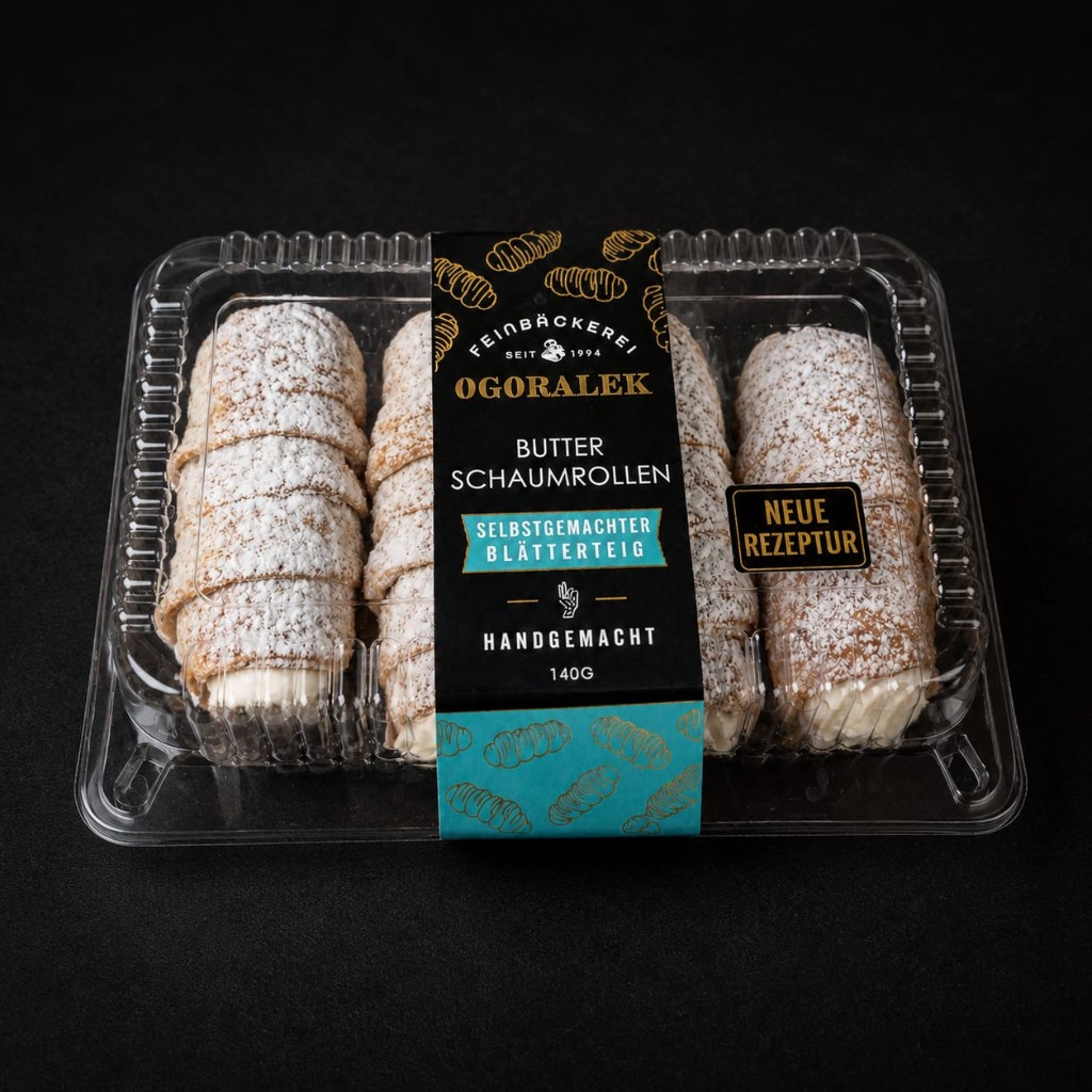 Butter Schaumrollen in durchsichtiger Verpackung, mit Puderzucker bestäubt.