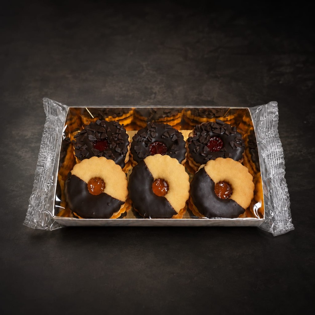 Linzer Augen Mix in Schokolade und Aprikose, verpackt auf goldenem Tablett.
