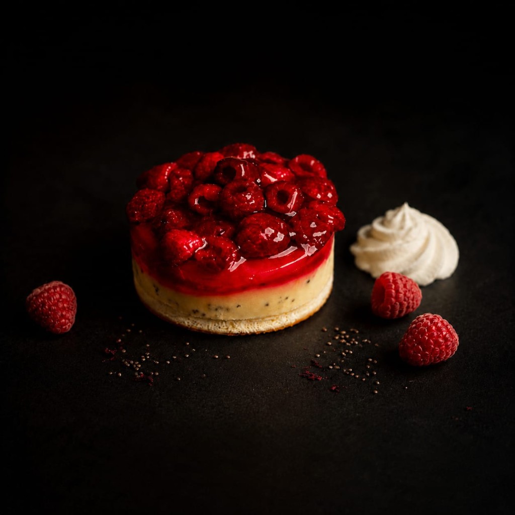 Himbeertarte mit Vanillecreme, frischen Himbeeren und Sahne