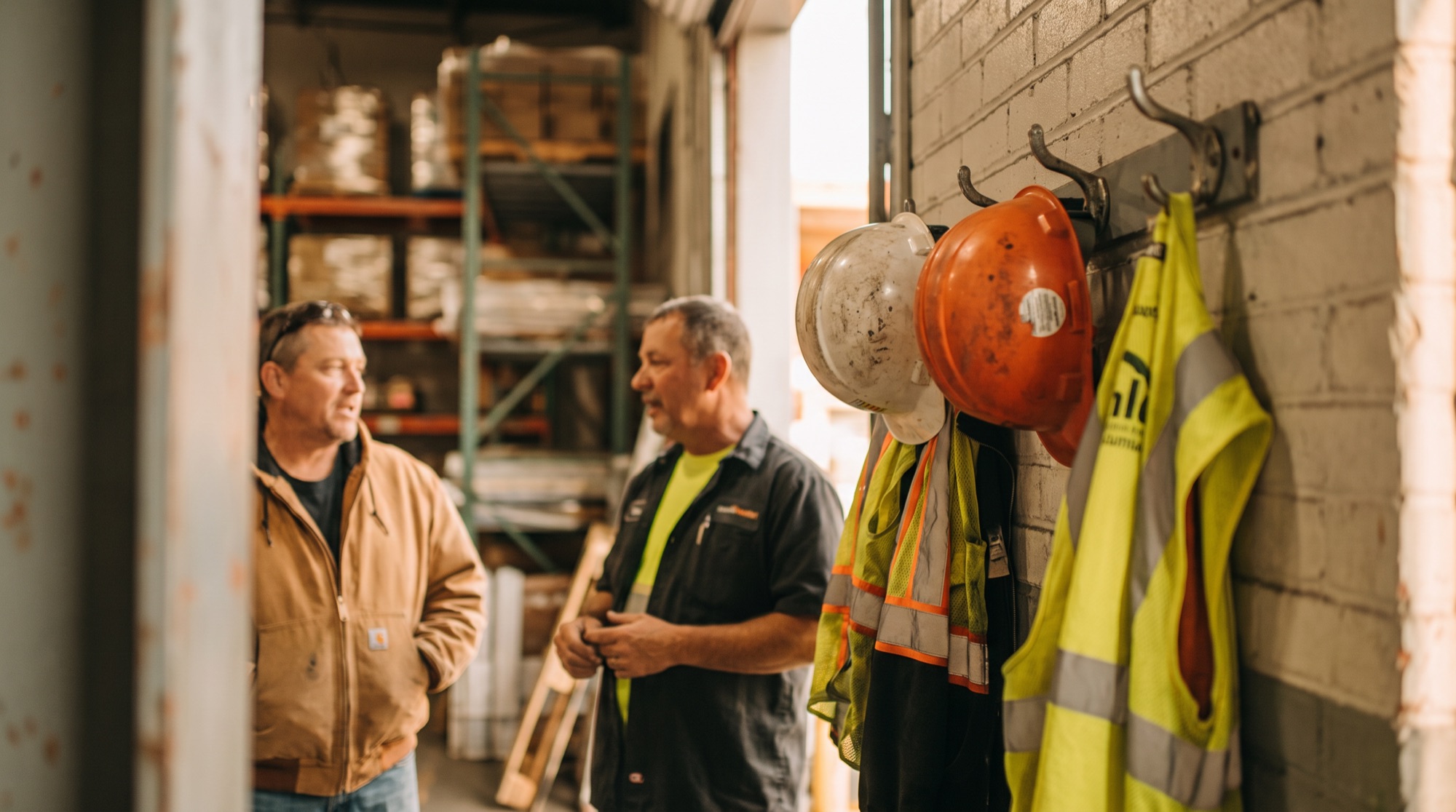 Two industrial supervisors in hard hats having a tense workplace leadership conversation