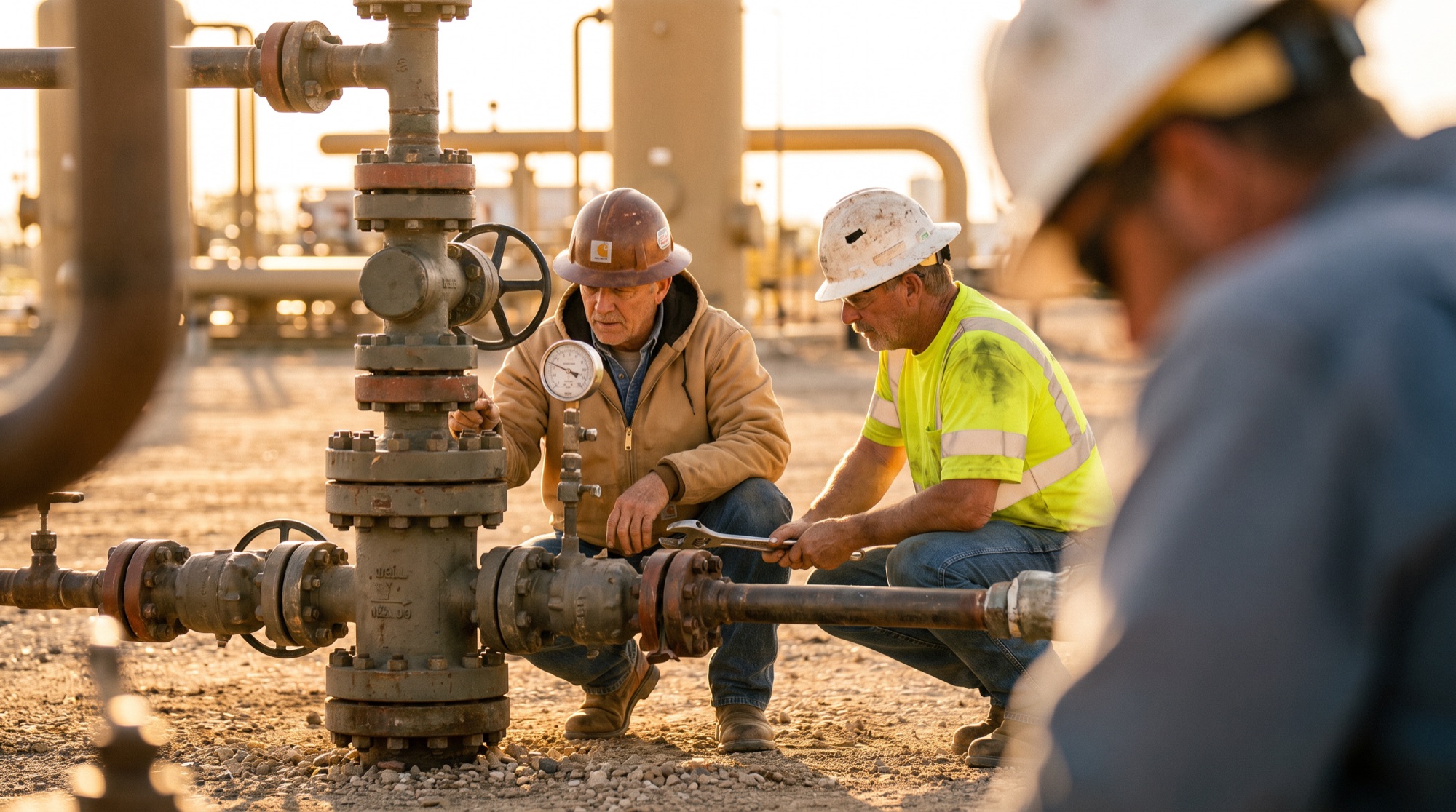 Energy field crew working together to solve a technical problem at a wellhead, showing teamwork