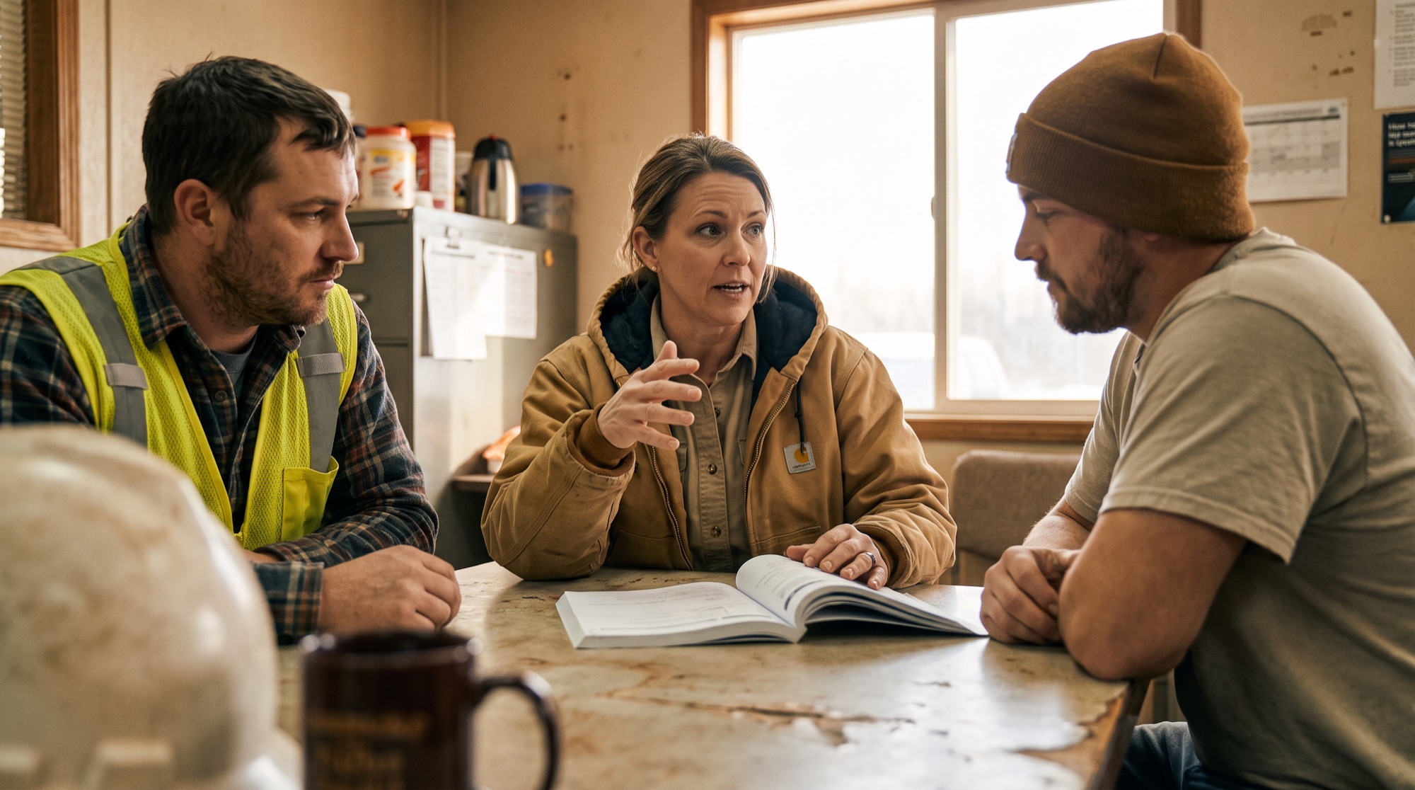 Woman leading a feedback conversation with two coworkers around an open workbook in a break room