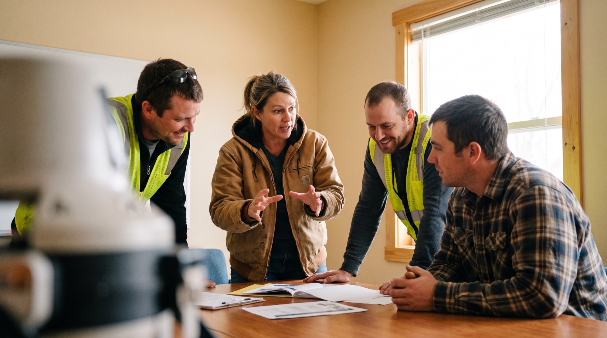Four workers in safety vests smiling and reviewing a training workbook together around a table