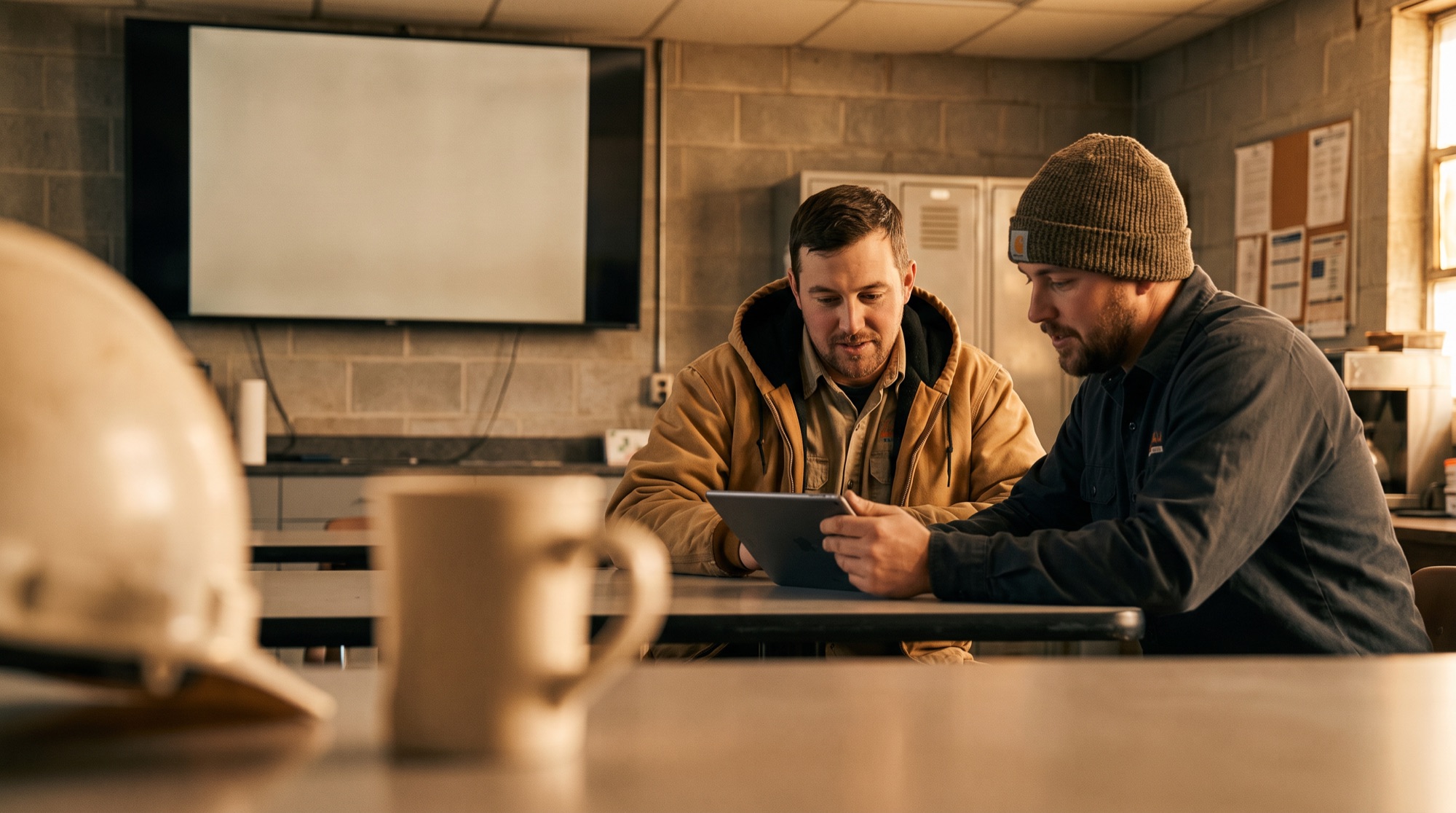 Two workers reviewing training content on a tablet together in a jobsite meeting room