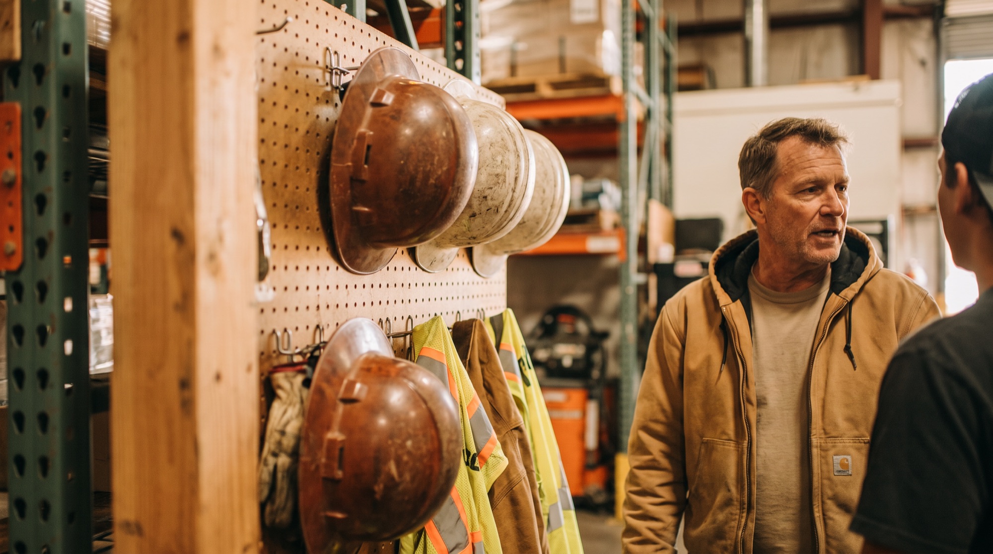 Hard hats and safety vests hanging on a rack while a supervisor talks with a coworker nearby