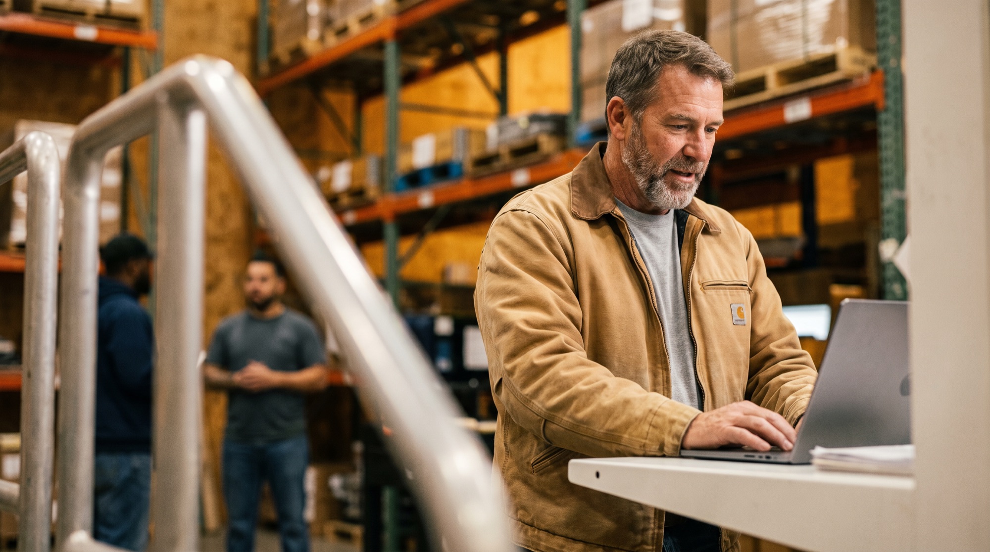 Supervisor reviewing data on a tablet alone on the production floor, deep in thought